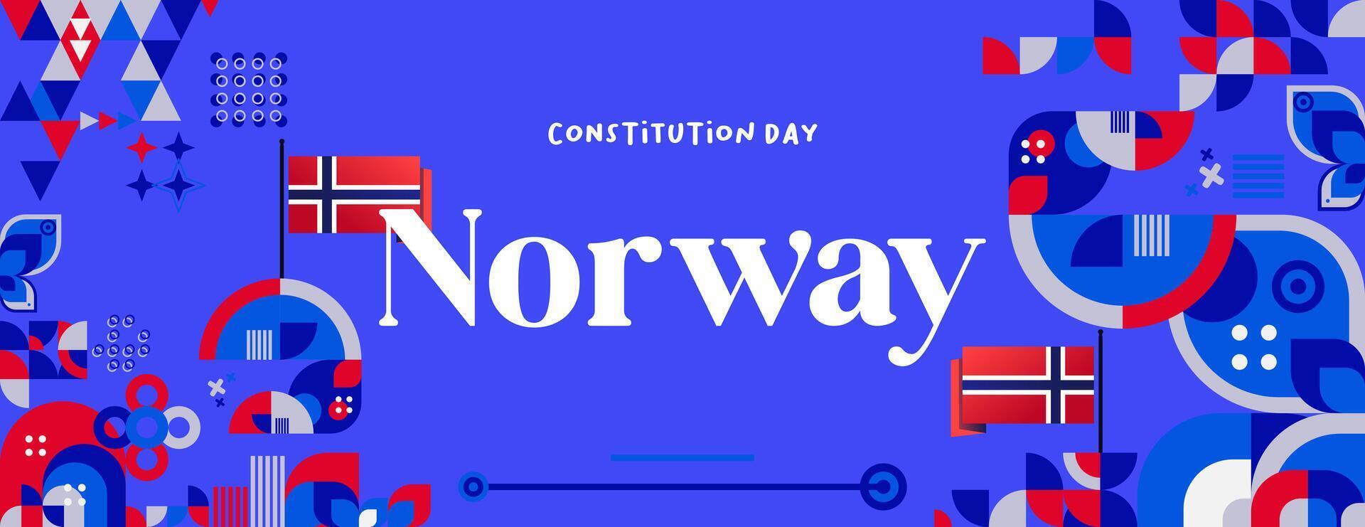 norvegese costituzione giorno bandiera nel colorato moderno geometrico stile. contento Norvegia nazionale indipendenza giorno saluto carta copertina con tipografia. vettore illustrazione per festeggiare nazionale vacanze