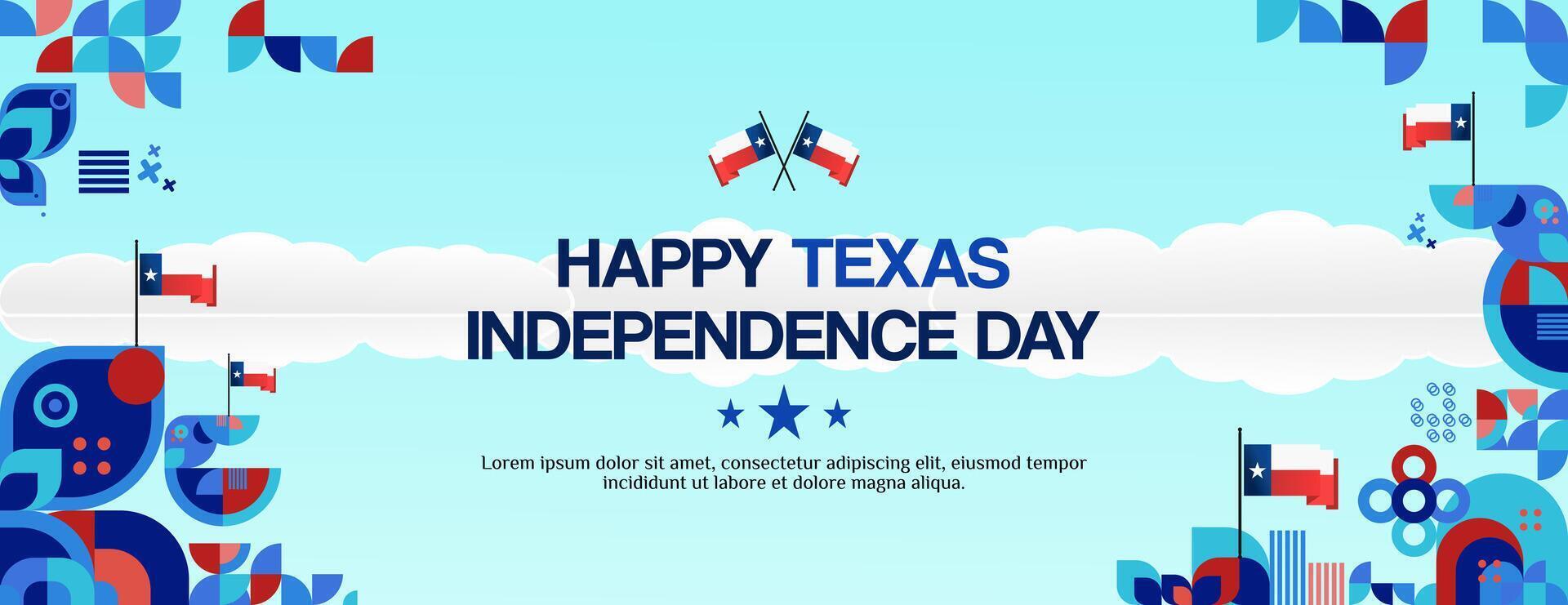 Texas indipendenza giorno bandiera nel colorato moderno geometrico stile. contento nazionale indipendenza giorno saluto carta copertina con tipografia. vettore illustrazione per nazionale vacanza celebrazione festa