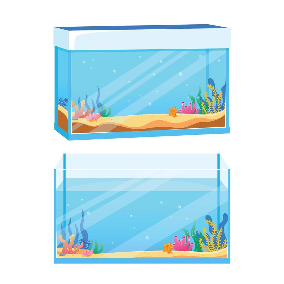 Due grande rettangolare acquario vuoto acquario con alghe vettore illustrazione nel cartone animato stile