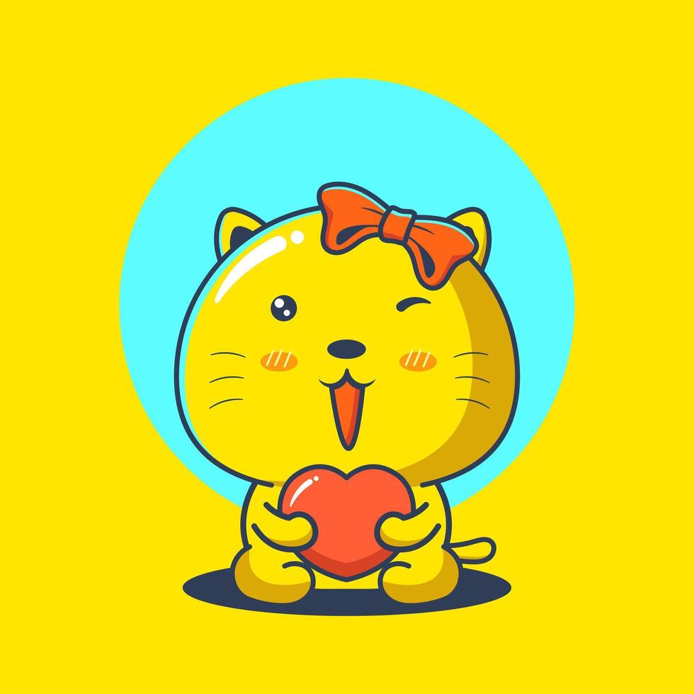 carino giallo gatto personaggio cartone animato abbracciare cuore illustrazione vettore