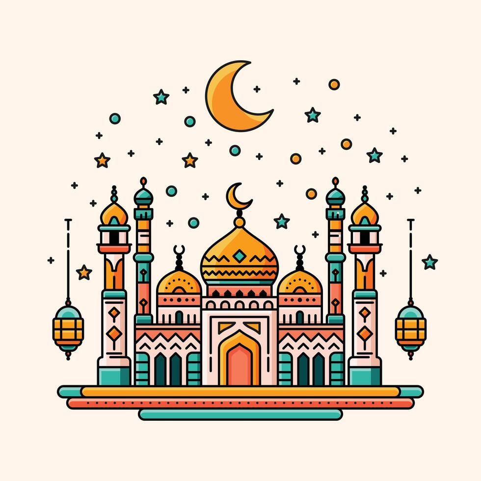 un' vivace illustrazione di un' moschea con linea arte stile e piatto colore, Perfetto per Ramadan, eid, e islamico evento. vettore