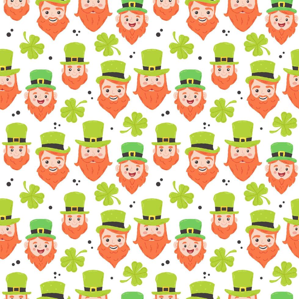 festivo modello per st. Patrick giorno con carino elfo e trifoglio. mano disegnato piatto cartone animato elementi. vettore illustrazione