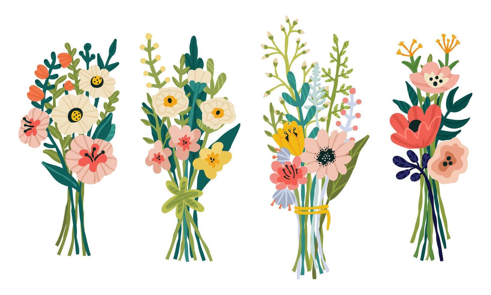 primavera impostato con festivo floreale mazzi di fiori. mano disegnato piatto cartone animato elementi. vettore illustrazione