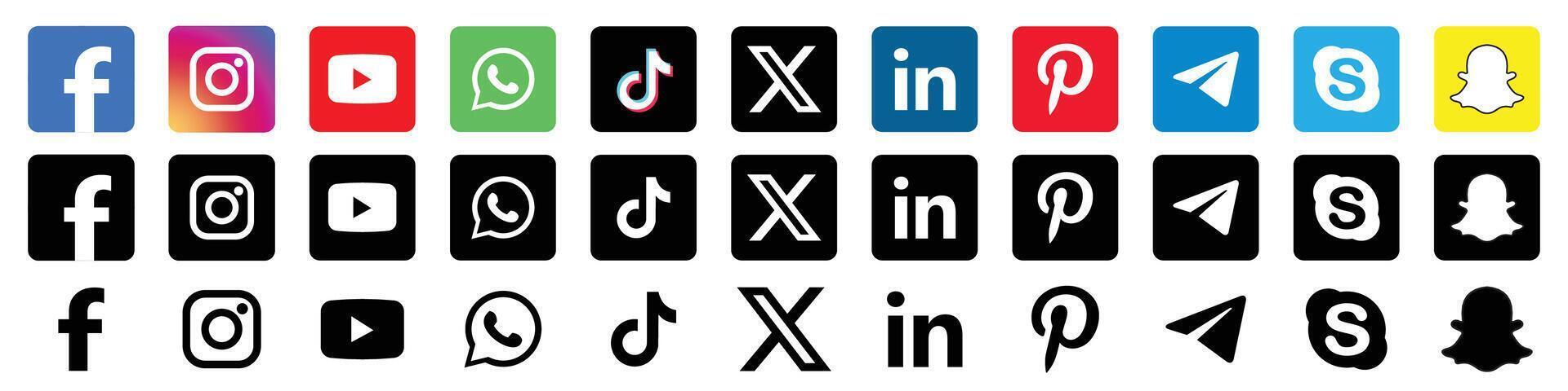 sociale media icone. realistico sociale media logotipo collezione. impostato popolare sociale media icone. Facebook, instagram, Youtube, tic toc, WhatsApp, X e Di Più vettore