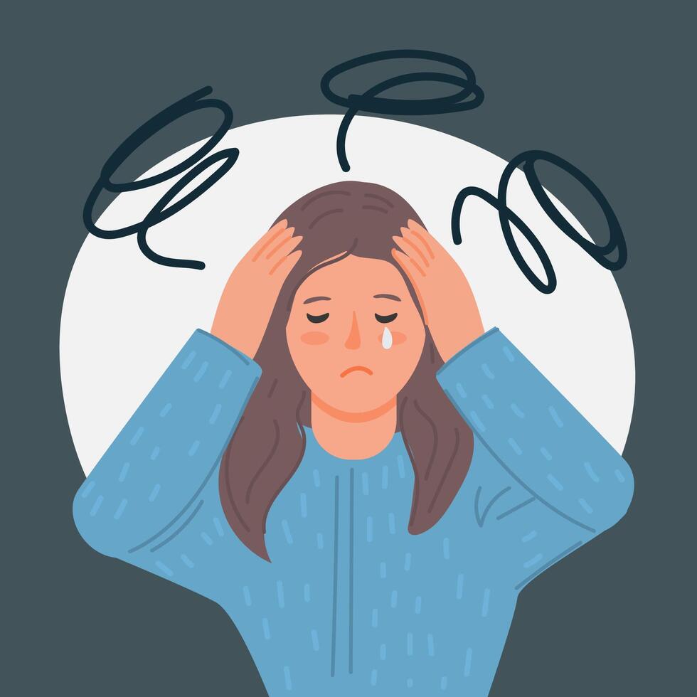 vettore illustrazione di un' ragazza nel depressione. triste ragazza Tenere mani su sua testa. male alla testa.