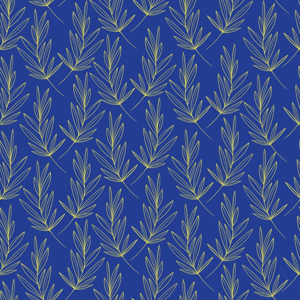 timo le foglie stilizzato senza soluzione di continuità modello su blu sfondo. d'oro foglia profumato rami semplice vettore arte.