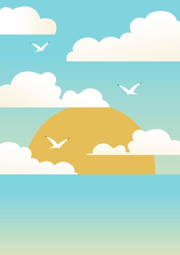 mare nel il mattina e volante uccelli illustrazione manifesto. infantile arte con volante gabbiani tra nuvole vettore