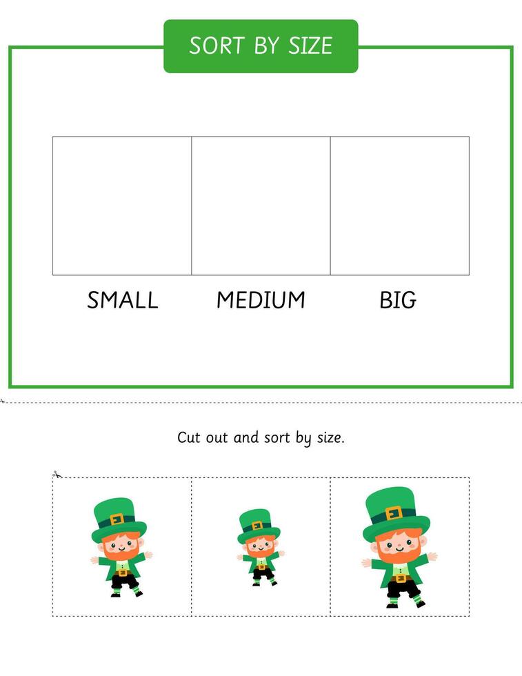 ordinare di dimensione attività con folletti per st patricks giorno. educativo gioco. ordinamento foglio di lavoro vettore