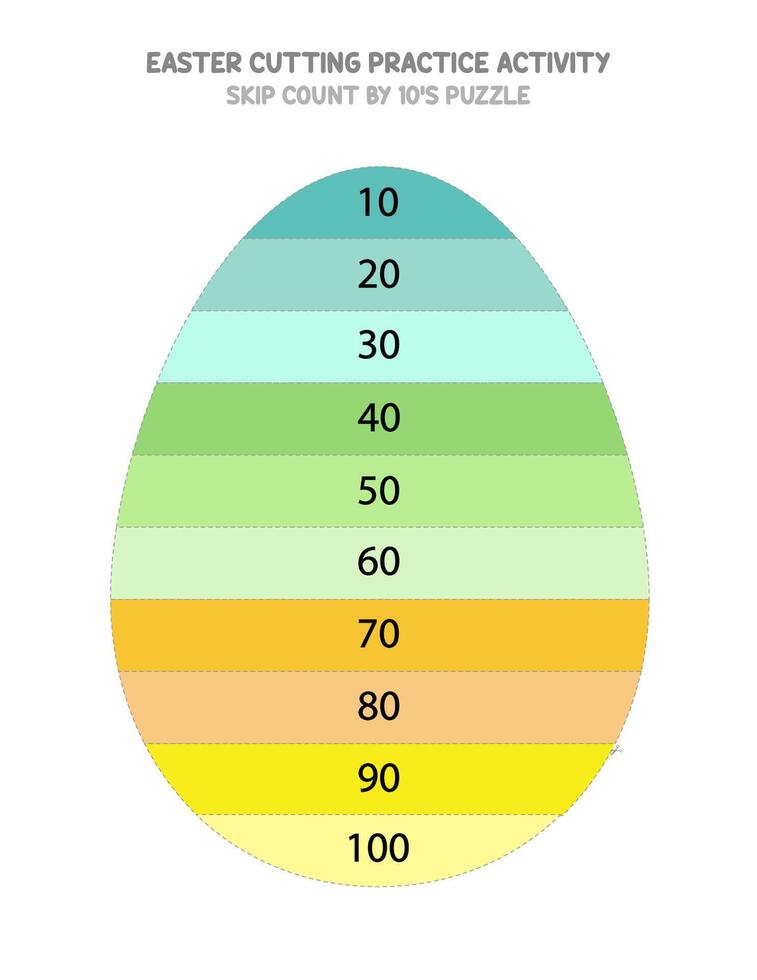 Pasqua uovo taglio pratica foglio di lavoro. Salta contare di 10s puzzle per scuola materna bambini. educativo gioco per bambini. numeri foglio di lavoro vettore