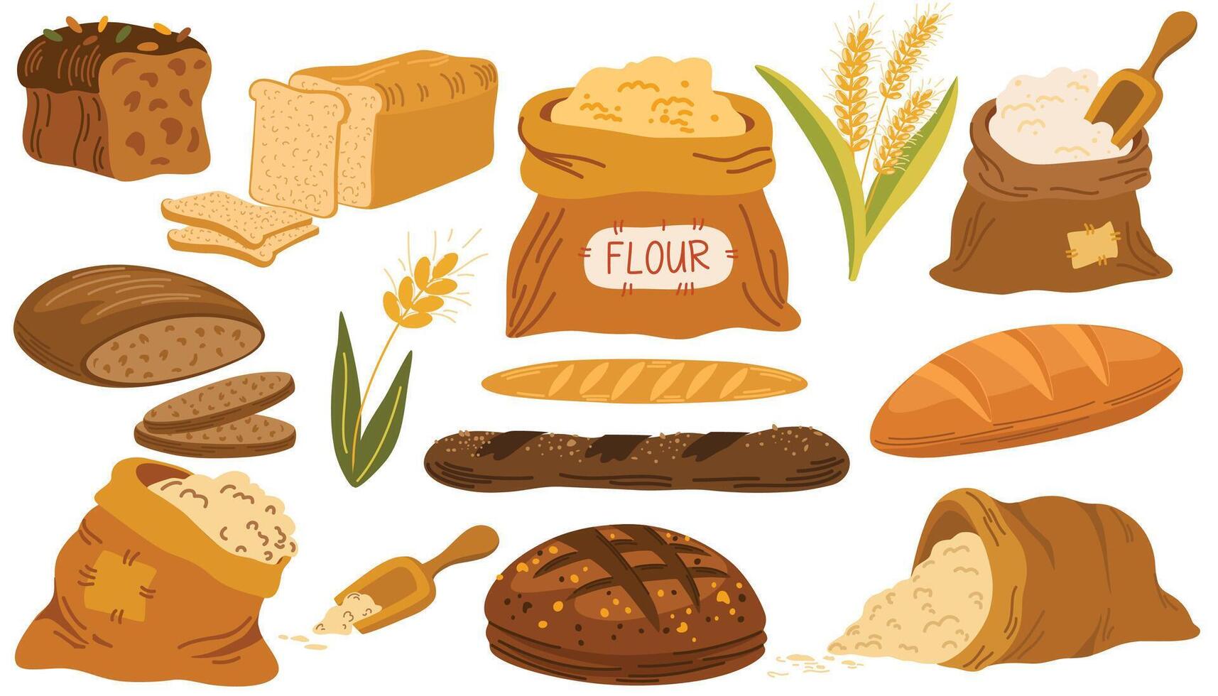 pane, forno, Grano Farina nel Borsa. grano cibo, cereale prodotti impostare. salutare carboidrato nutrizioni, nutrienti composizione. piatto cartone animato vettore illustrazione isolato su bianca