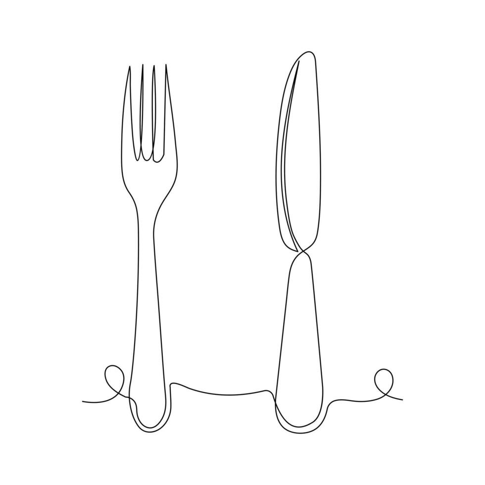 continuo uno linea disegno di piatto coltello e forchetta mano disegnato scarabocchio vettore arte illustrazione.