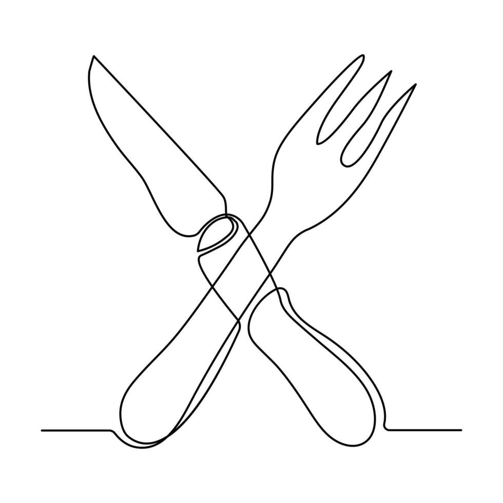 continuo uno linea disegno di piatto coltello e forchetta mano disegnato scarabocchio vettore arte illustrazione.