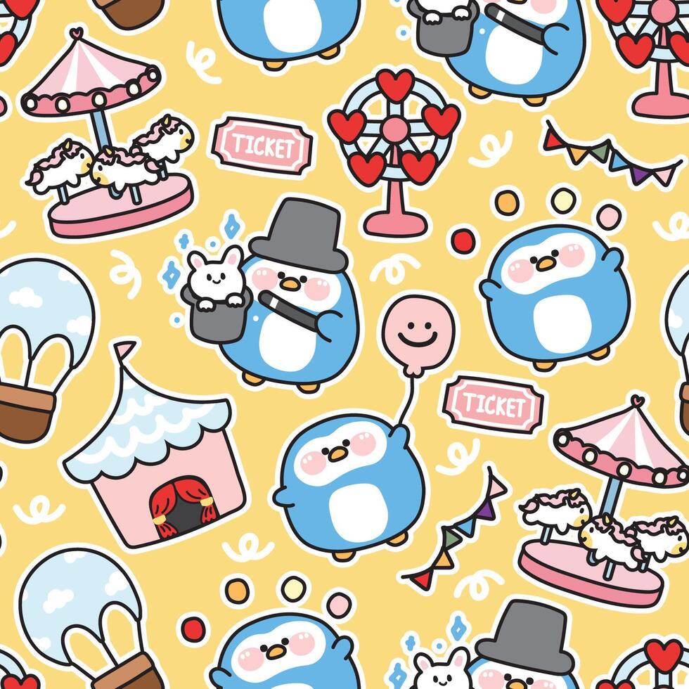 senza soluzione di continuità modello di carino Grasso pinguino nel divertimento parco concetto.paffuto uccello animale cartone animato personaggio design.abbigliamento Stampa screen.festival.carnival.kawaii.vettore.illustrazione. vettore