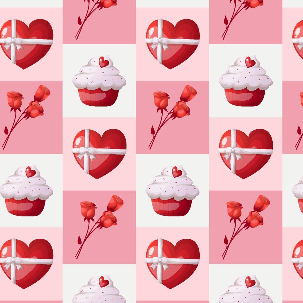 San Valentino S giorno senza soluzione di continuità modello con rosso cuore, rosso Rose e Cupcake su il rosso e rosa sfondo vettore