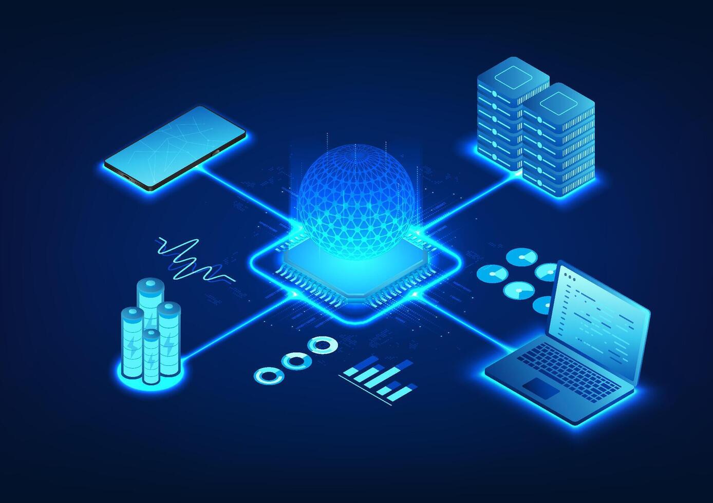 microchip tecnologia quello è il comando processore gestione di il sistema su tecnologico dispositivi collegato per computer portatile, smartphone, server e batteria, isometrico illustrazione, vettore illustrazione