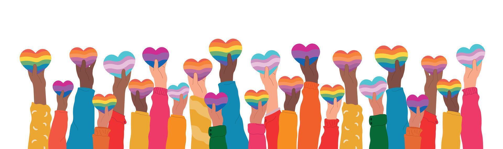 internazionale giorno contro omofobia, transfobia e bifobia vettore. mani Tenere diverso lgbt orgoglio bandiera nel cuore forma. vettore