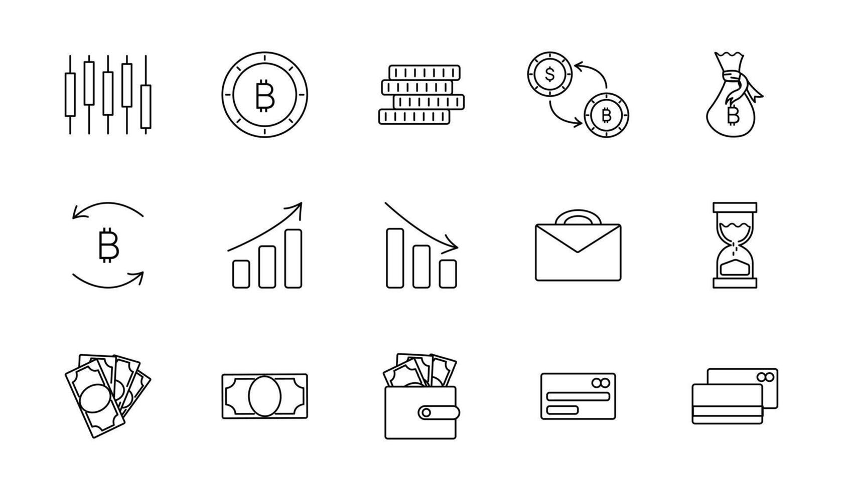 criptovaluta impostato contorno icone. bitcoin e blockchain. scambio per dollaro fatture e monete. statistica e moneta citazioni. valigetta, portafoglio e banca carte. finanza economia. vettore illustrazione.