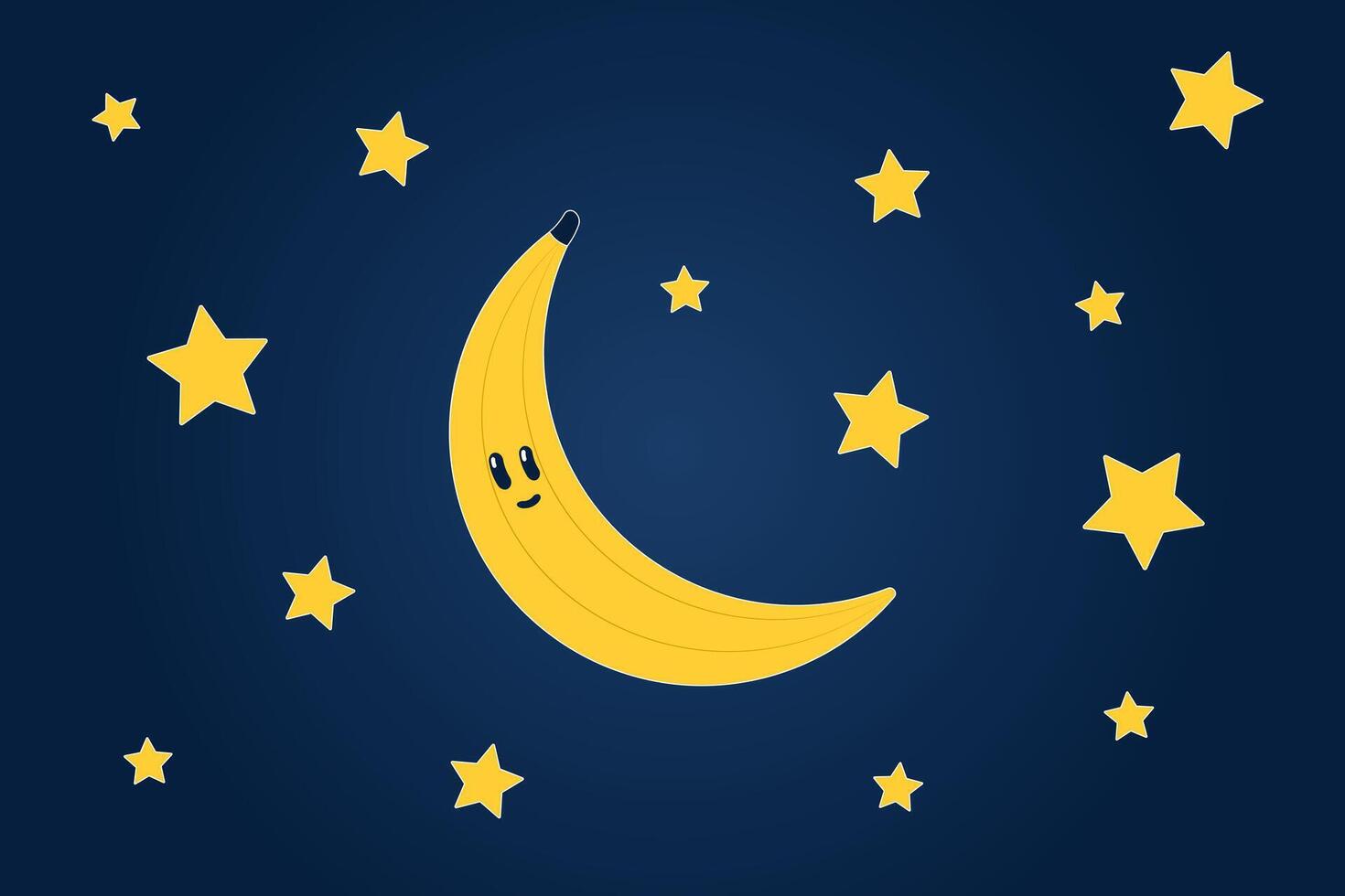 illustrazione di il stellato cielo con un' Banana anziché di un' mese. Banana con un' carino viso. divertente Immagine. giallo stelle su un' buio sfondo. vettore illustrazione.