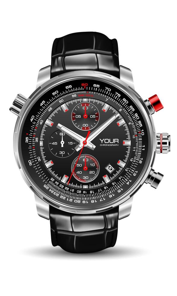 realistico orologio orologio cronografo argento nero viso pannello di controllo pelle cinghia bianca rosso numero su isolato design classico lusso vettore