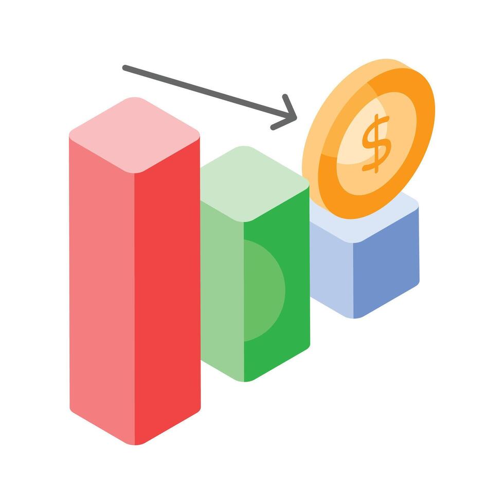 giù grafico, finanziario perdita, diminuire grafico isometrico vettore design