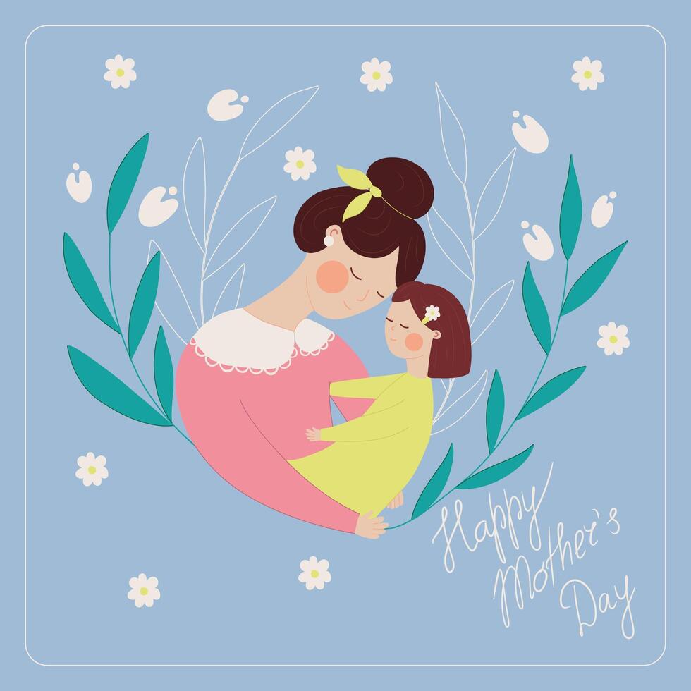 madre con un' piccolo bambino nel sua braccia, fiori nel il sfondo. saluto carta per La madre di giorno. vettore illustrazione