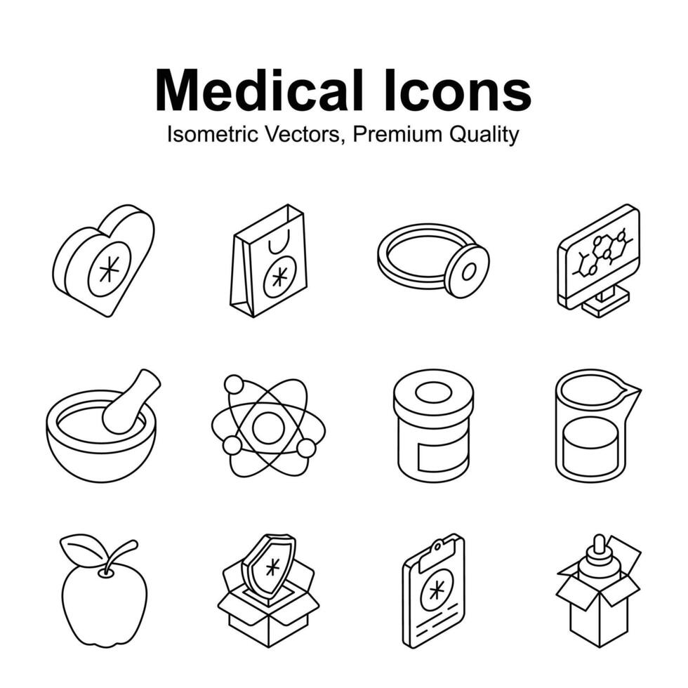 prendere un' Guarda a Questo creativamente progettato medico e assistenza sanitaria isometrico icone impostato vettore