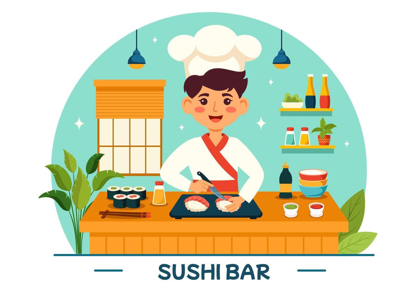 Sushi bar vettore illustrazione di Giappone asiatico cibo o ristorante di sashimi e riso per mangiare con soia salsa e wasabi nel piatto cartone animato sfondo