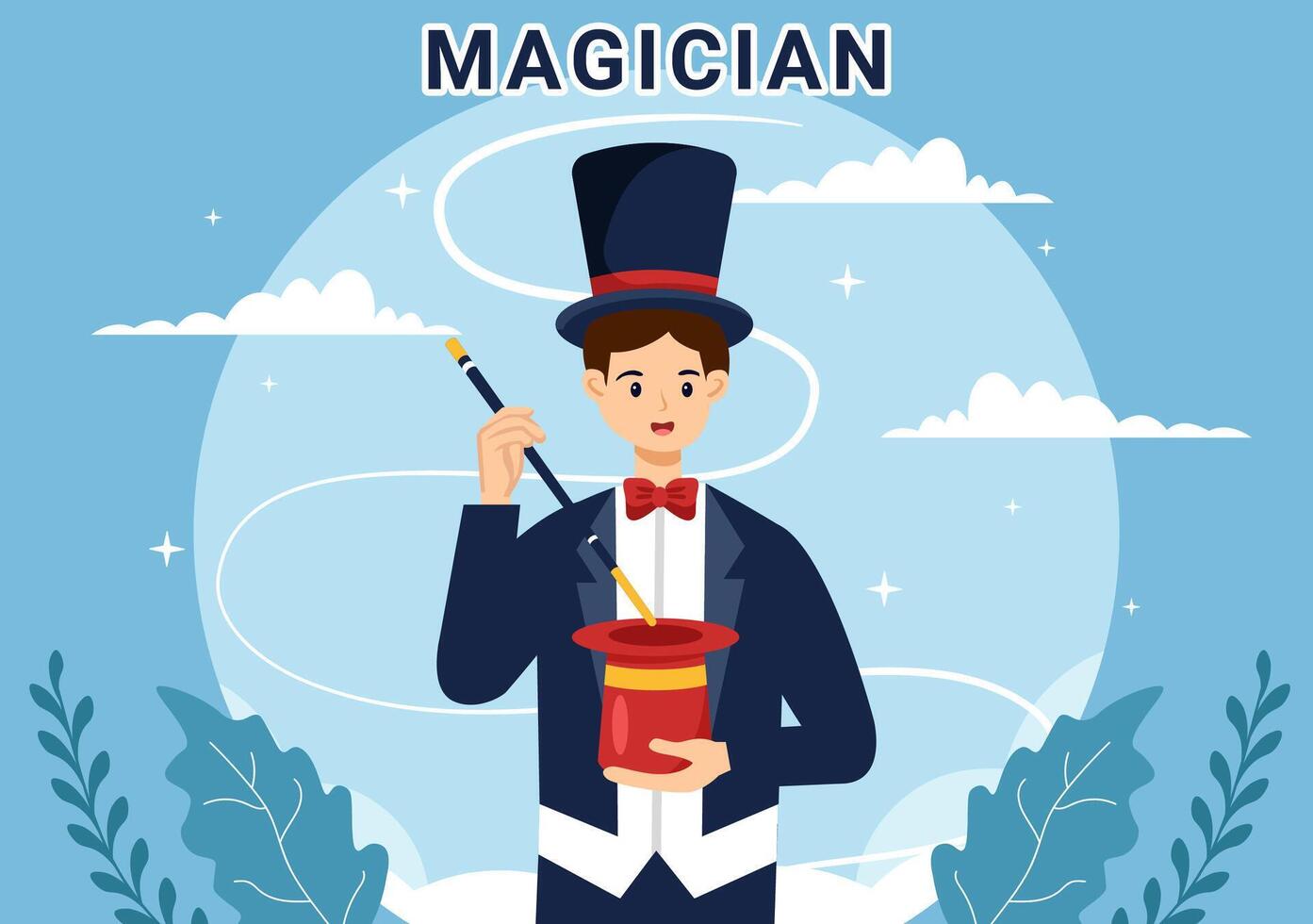 mago vettore illustrazione con illusionista evocazione trucchi e agitando un' Magia bacchetta magica sopra il suo misterioso cappello su un' palcoscenico nel piatto cartone animato sfondo