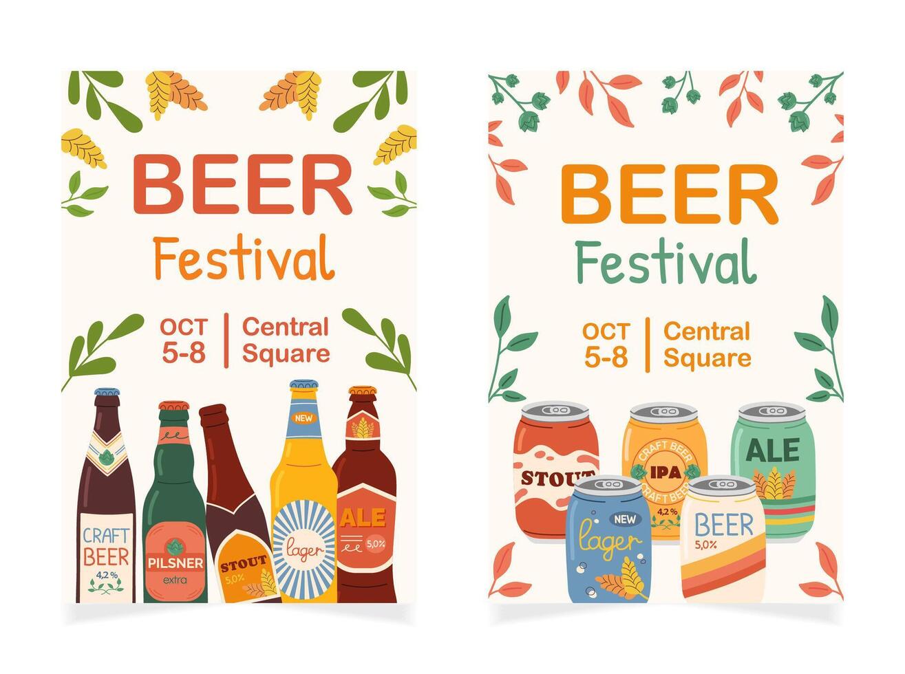 impostato di Due pubblicità manifesti per birra Festival celebrazione. colorato mano disegnato verticale bandiera con diverso birra tipi nel alluminio lattine e bicchiere bottiglie. oktoberfest birra Festival. vettore