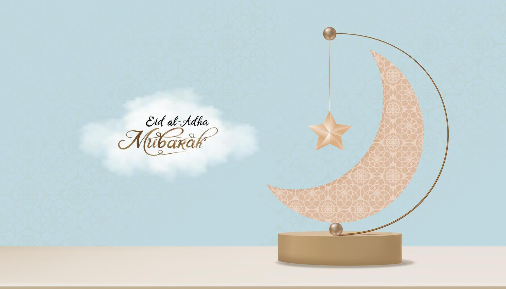 eid al adha mubarak saluto design con mezzaluna Luna e stella sospeso su 3d podio su blu sfondo.vettore fondale di religione di musulmano simbolico per eid al fitr, Ramadan kareem vettore