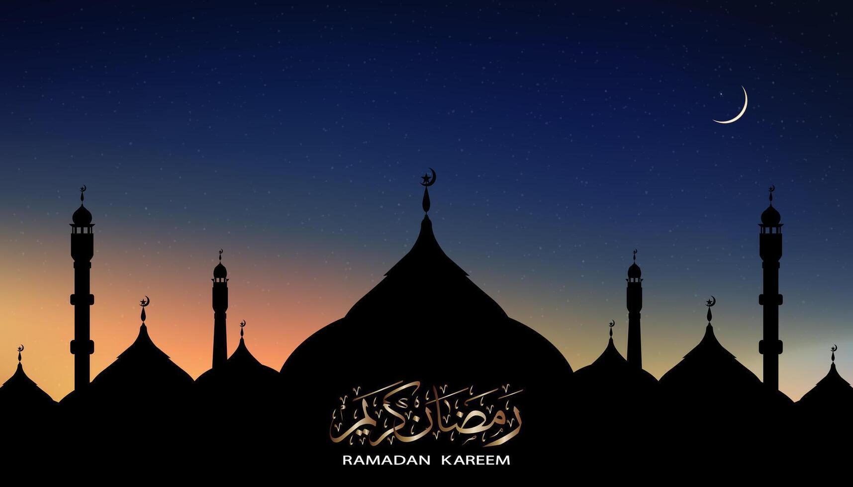 islamico sfondo, cupola moschee, mezzaluna luna, stellato su buio blu cielo sfondo, vettore simbolo islamico religione con crepuscolo cielo, striscione eid al adha, eid al Fitr, Mubarak, nuovo anno Muharram, Ramadan kareem