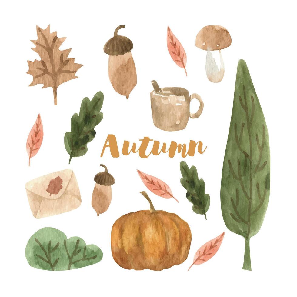 carino autunno acquerello impostato con foglie, funghi, caffè, lettera, zucca. di stagione autunno clipart vettore
