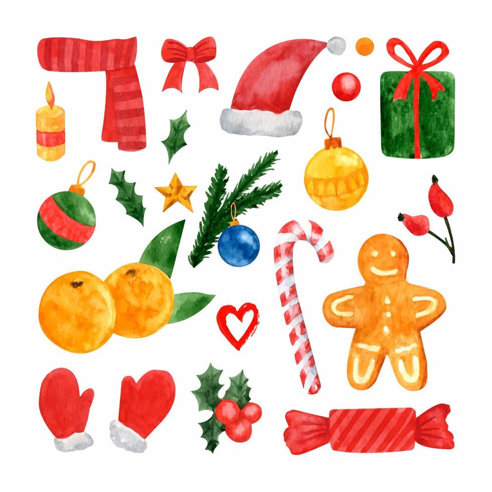 impostato di nuovo anno e Natale acquerello illustrazioni con agrifoglio frutti di bosco, i regali, Natale albero vettore