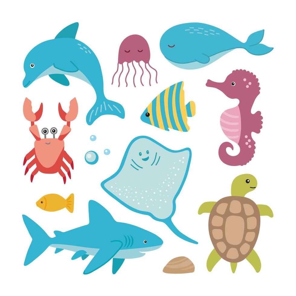 vettore marino vita collezione con delfino, squalo, razza, granchio, Medusa, tartaruga, e cavalluccio marino
