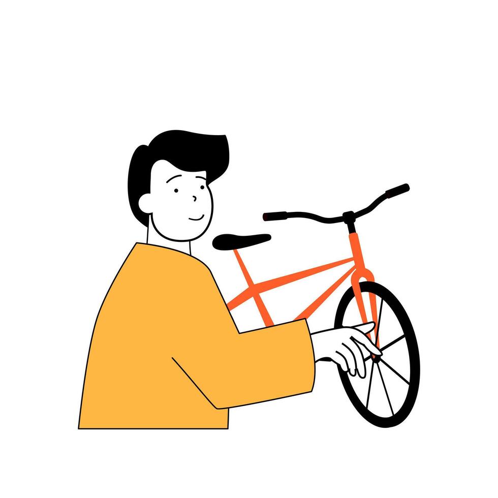 fitness concetto con cartone animato persone nel piatto design per ragnatela. uomo Ciclismo a bicicletta e fare cardio e aerobico formazione a bicicletta. vettore illustrazione per sociale media striscione, marketing Materiale.