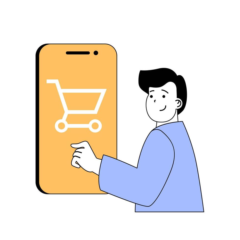 mobile commercio concetto con cartone animato persone nel piatto design per ragnatela. vettore illustrazione