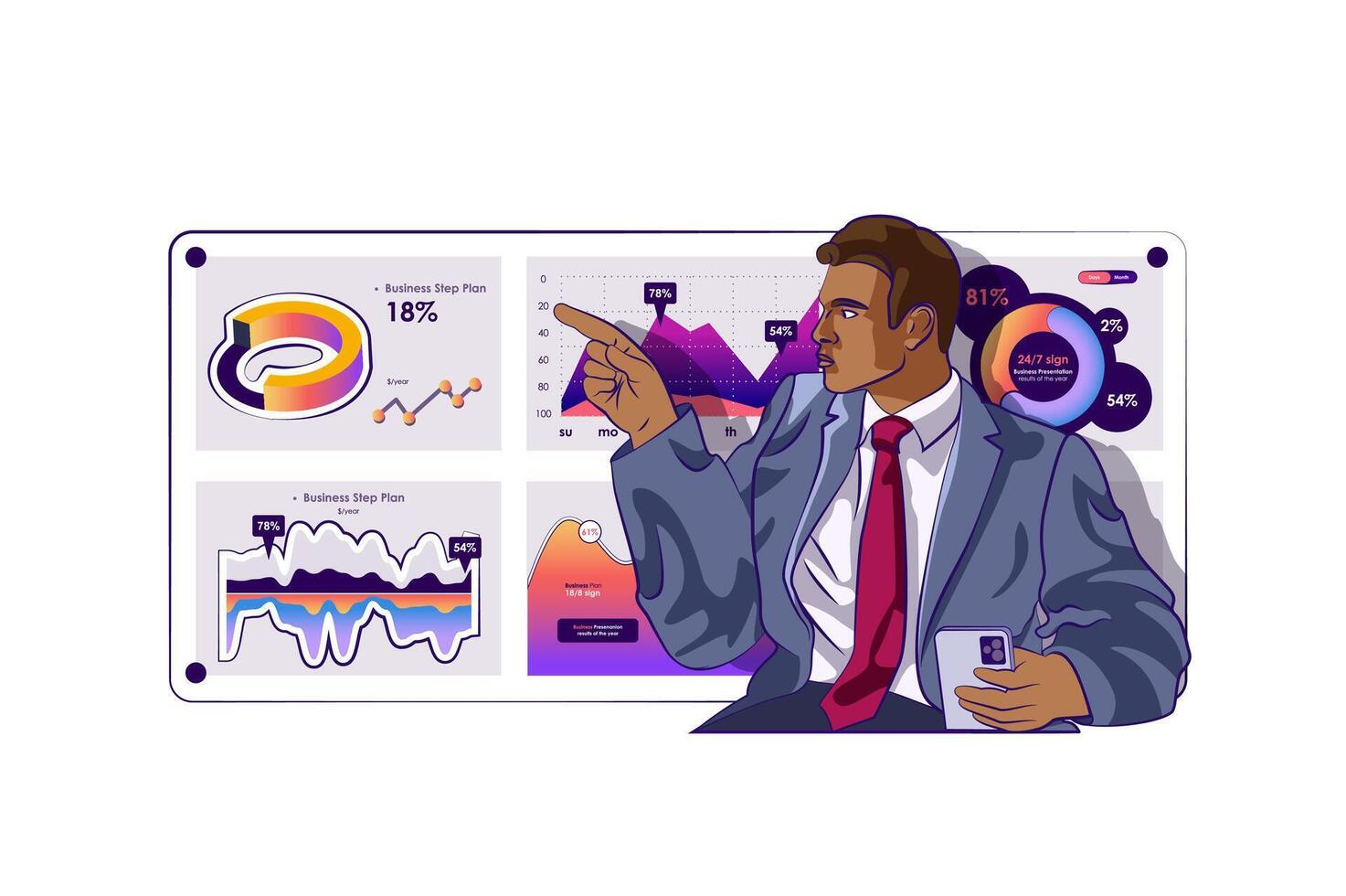 attività commerciale Piano concetto con persone scena nel piatto cartone animato design per ragnatela. uomo d'affari analizzando finanziario dati e la creazione di strategia. vettore illustrazione per sociale media striscione, marketing Materiale.