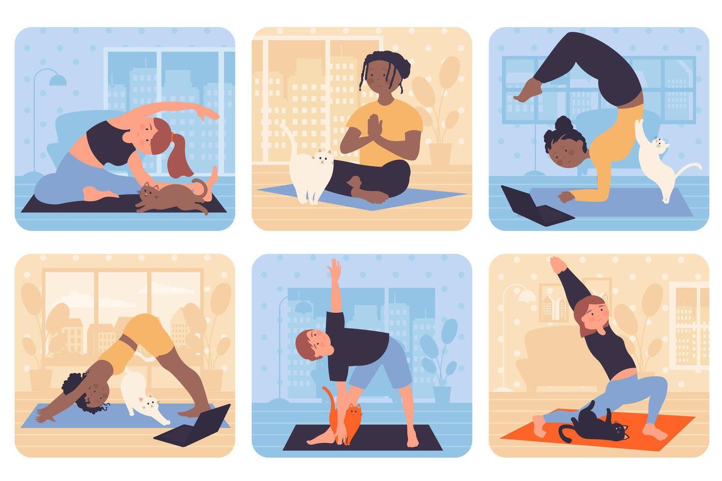 yoga formazione concetto con persone situazione impostato nel piatto ragnatela design. fascio scene con multietnico diverso personaggi fare asana o allungare esercizi, sedersi nel meditazione posa. vettore illustrazioni.