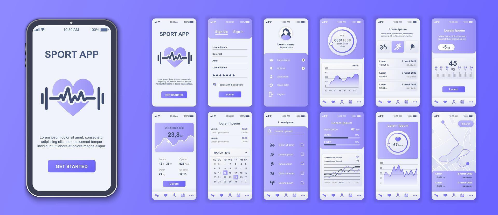 fitness mobile App interfaccia schermi modello impostare. account Accedere, caloria tracciamento, sport corsi di formazione elenco, peso dati, calendario, carta geografica. imballare di ui, ux, gui kit per applicazione ragnatela disposizione. vettore design.