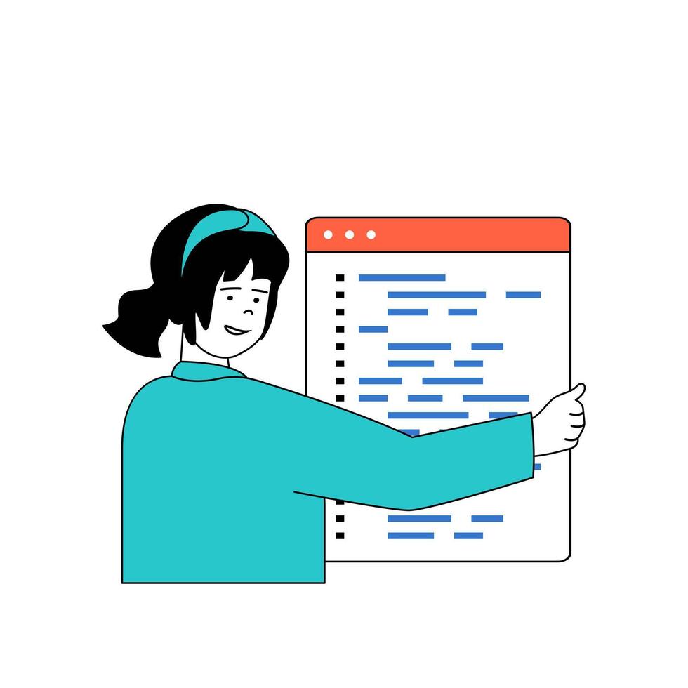 programmazione concetto con cartone animato persone nel piatto design per ragnatela. donna codifica e ingegneria app, analisi e fissaggio Prodotto codice. vettore illustrazione per sociale media striscione, marketing Materiale.