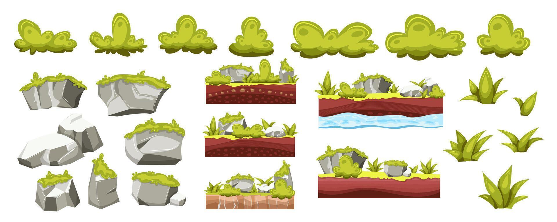 erba e rocce mega impostato nel cartone animato grafico design. fascio elementi di verde cespugli, grigio pietre con muschio, pianta foglie, terra risorsa strati per gioco interfaccia. vettore illustrazione isolato oggetti