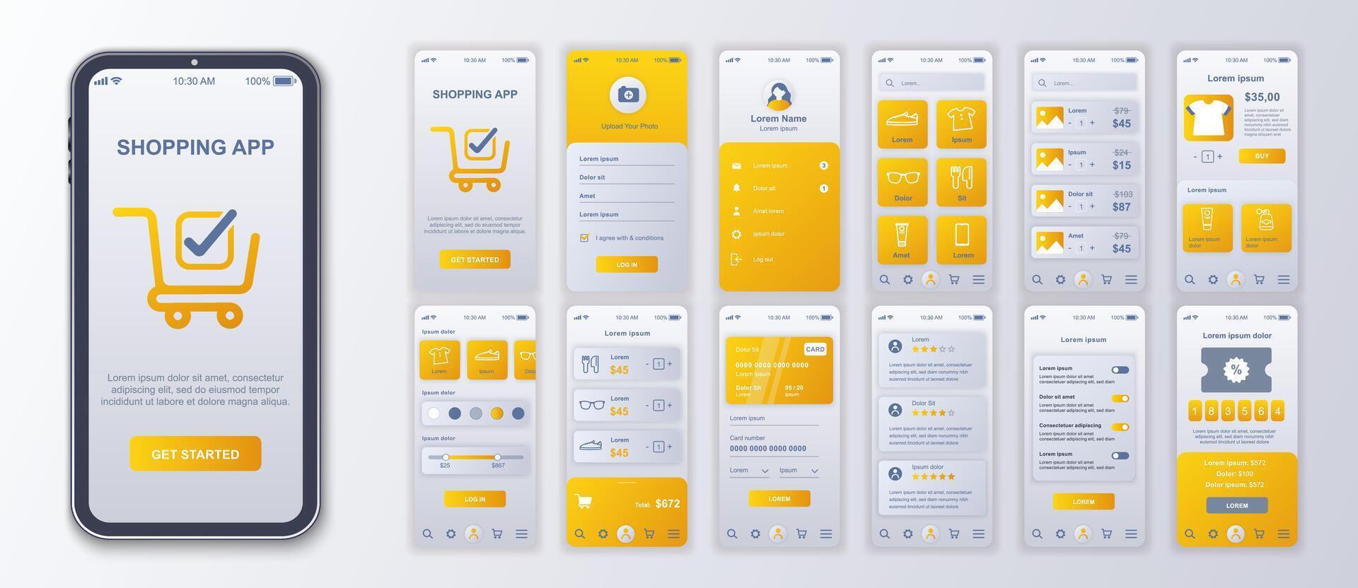 shopping mobile App interfaccia schermi modello impostare. account Accedere, assortimento merce con prezzo, ordinare, in linea pagamento, ottenere buono. imballare di ui, ux, gui kit per applicazione ragnatela disposizione. vettore design.