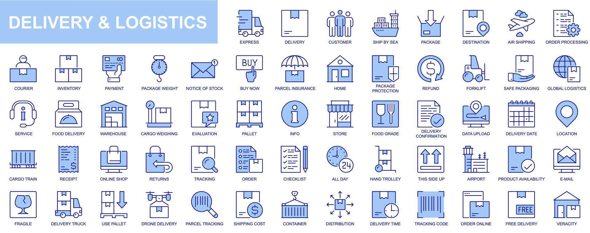 consegna e la logistica ragnatela icone impostato nel blu linea design. imballare di esprimere, aria nave, ordine in lavorazione, Corriere, pagamento, pacco protezione, magazzino, carico e Altro. vettore schema ictus pittogrammi