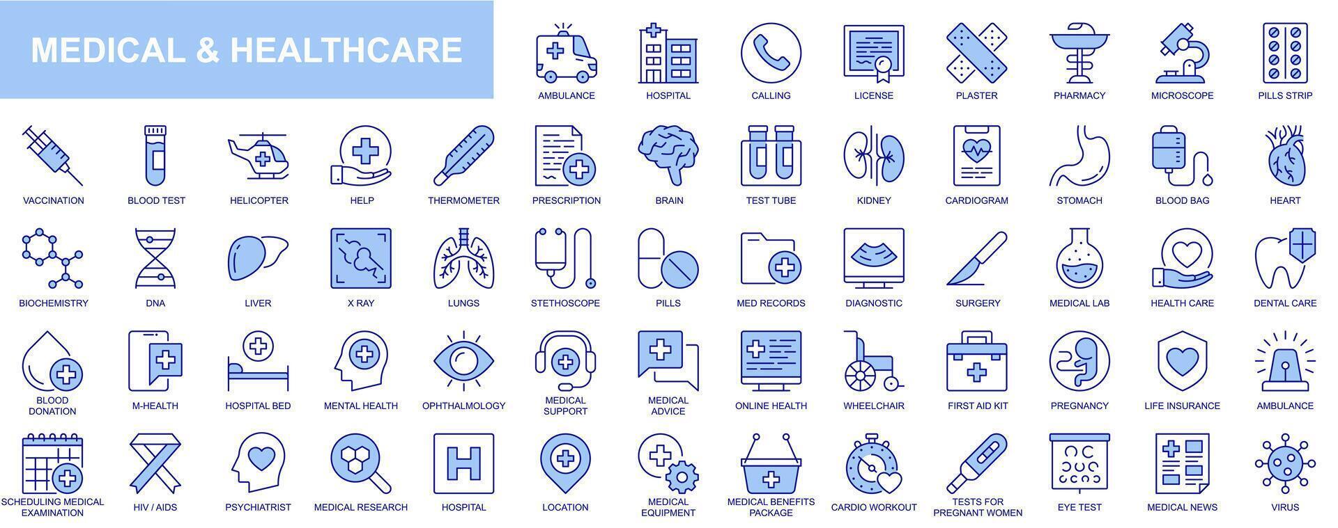 medico e assistenza sanitaria ragnatela icone impostato nel blu linea design. imballare di ambulanza, Ospedale, chiamando, licenza, farmacia, microscopio, vaccinazione, aiuto, Salute cura, Altro. vettore schema ictus pittogrammi