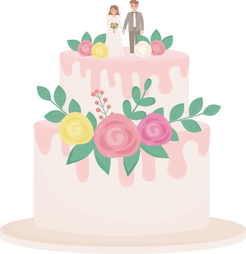 nozze a due livelli torta con fiori e le foglie. torta decorato con Rose e sposa e sposo figurina. decorato dolce. colorato vettore illustrazione isolato su bianca sfondo.