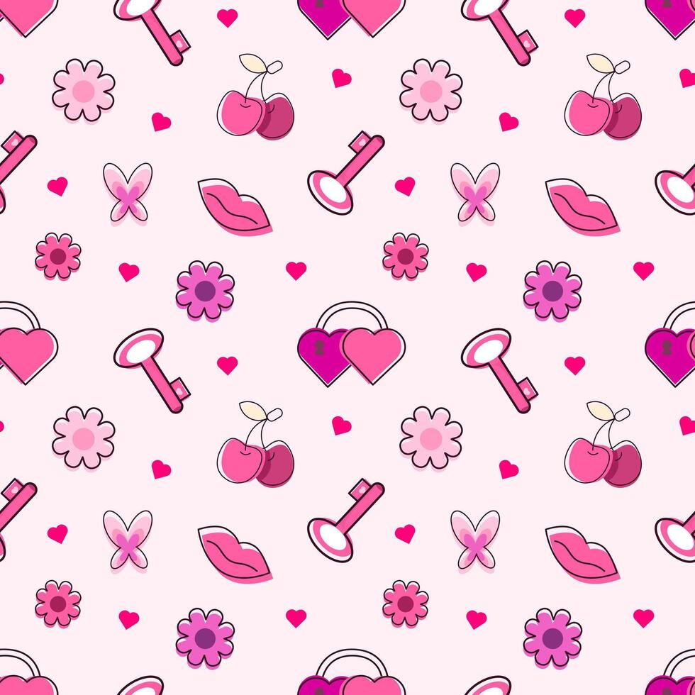 senza soluzione di continuità modello rosa colore con serratura, chiave, la farfalla, fiore, ciliegia. carino design per San Valentino giorno, nozze, carta, sfondo, invito, saluto carta, tessile, Stampa, sfondi. infanzia. vettore