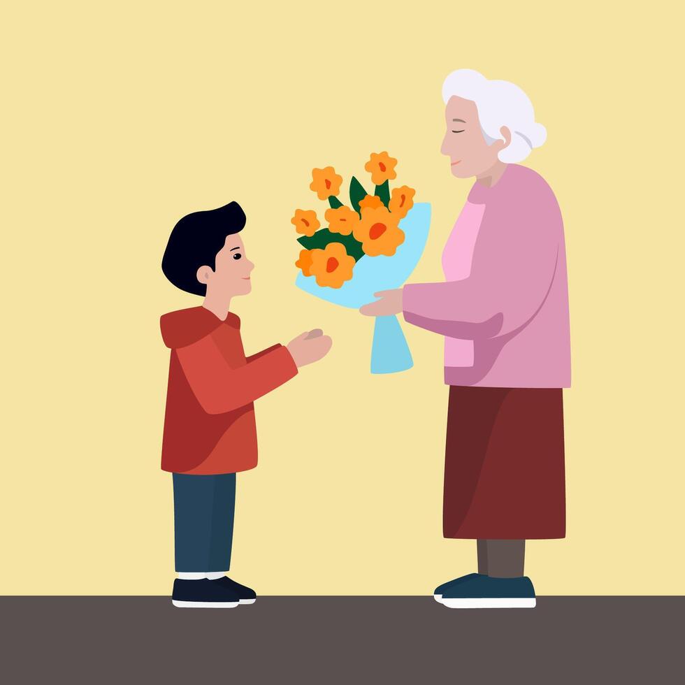 un' ragazzo su il strada presentata un' mazzo di fiori per un sconosciuto vecchio donna vettore