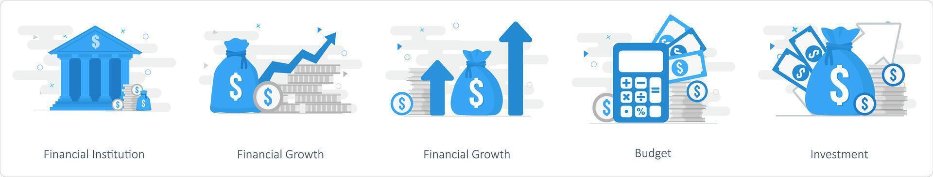 un' impostato di 5 mescolare icone come finanziario istituzione, finanziario crescita, bilancio vettore