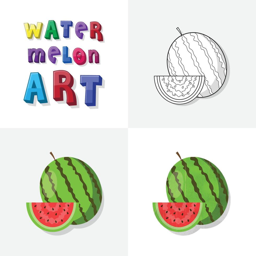 anguria arte schizzo, colorazione pagina, piatto e realistico anguria frutta illustrazione per bambini vettore