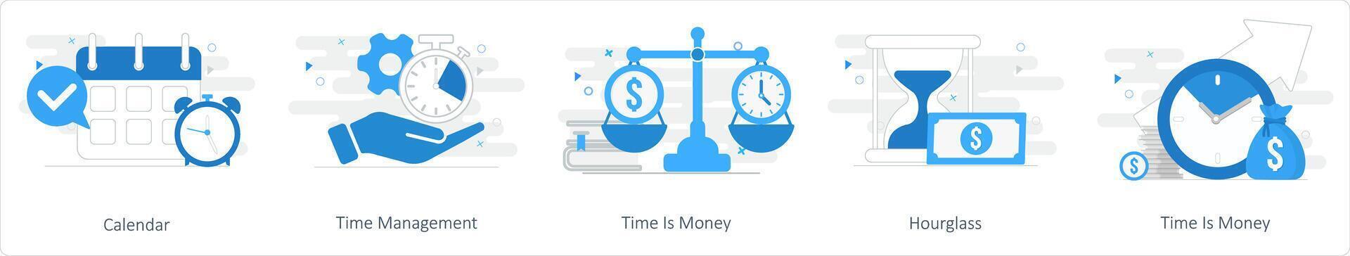 un' impostato di 5 mescolare icone come calendario, tempo gestione, tempo è i soldi vettore